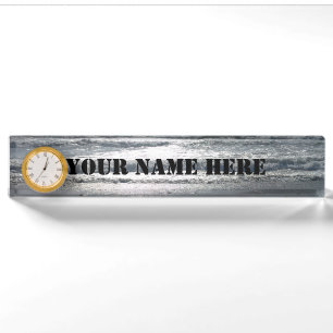Beach Sunrise Schreibtisch Name Plakat mit Uhr Namensplakette