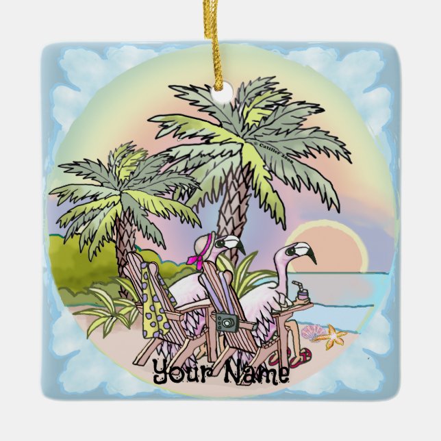 Beach Sunset Flamingo Keramikornament (Vorderseite)