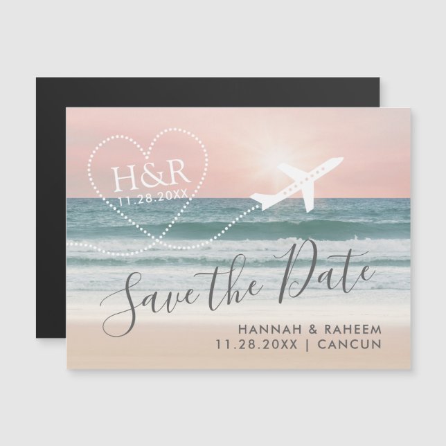 Beach Sunset Flugzeug Herz Magnetic Save the Date Magnetkarte (Vorne/Hinten)