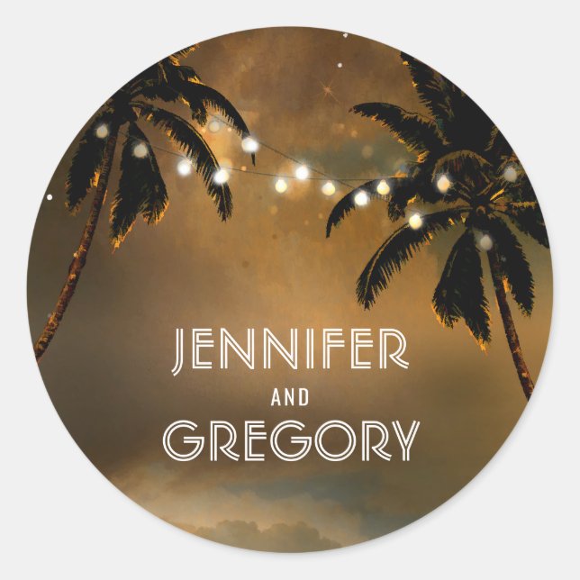 Beach Sunset Palm String Lights Hochzeit Runder Aufkleber (Vorderseite)
