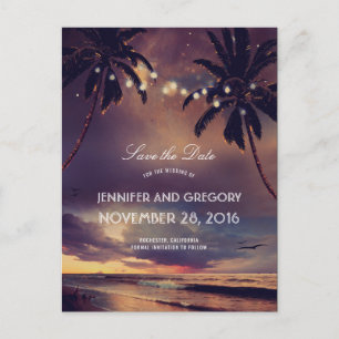 Beach Sunset Palms String Lights Save the Date Ankündigungspostkarte