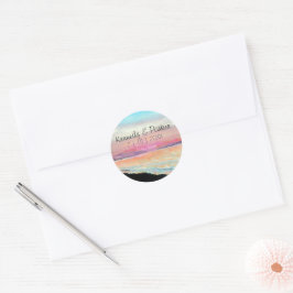 Beach Sunset Pastel Hochzeit speichern das Datum Runder Aufkleber