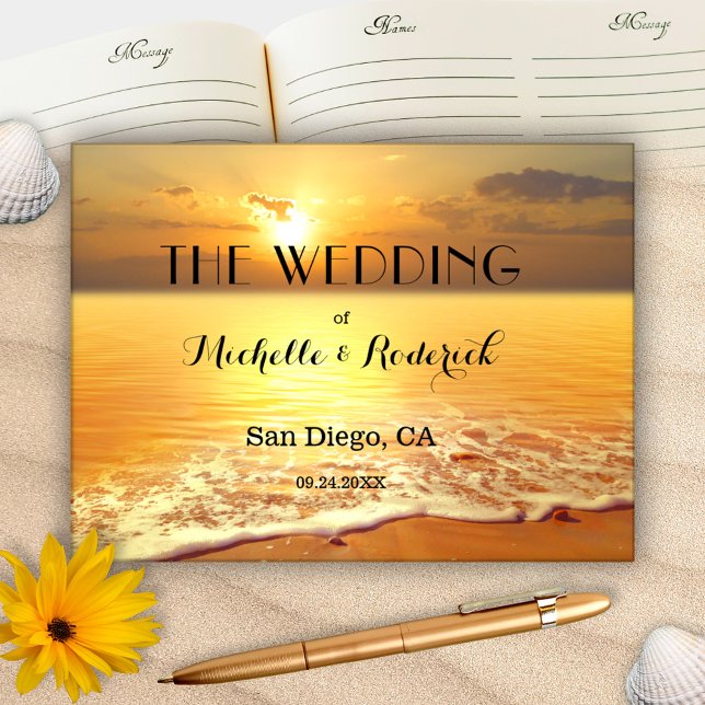 Beach Sunset Personalisiertes Foto Hochzeitsbuch Gästebuch (A romantic wedding guest book featuring a painting of a sunset on the beach with your custom photo)