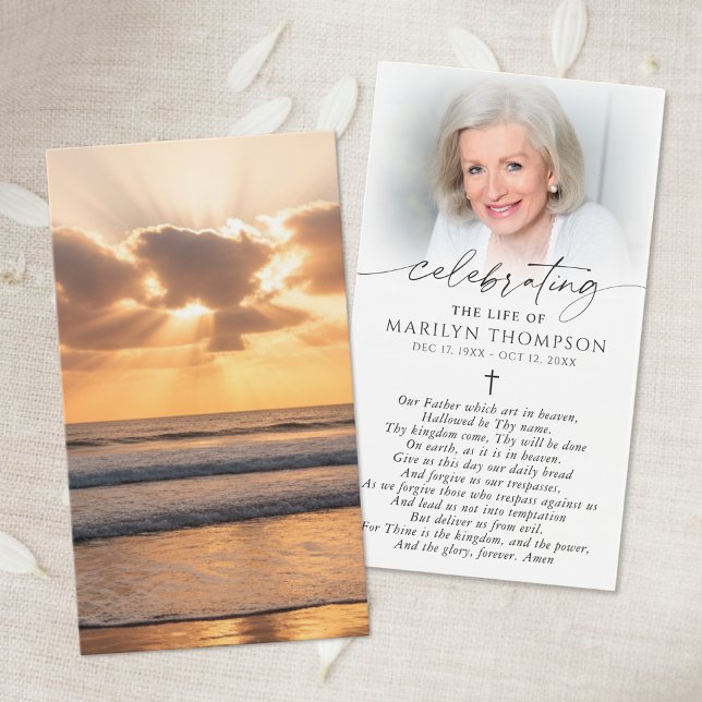 Beach Sunset Photo Cross Funeral Prayer Card (Créateur téléchargé)