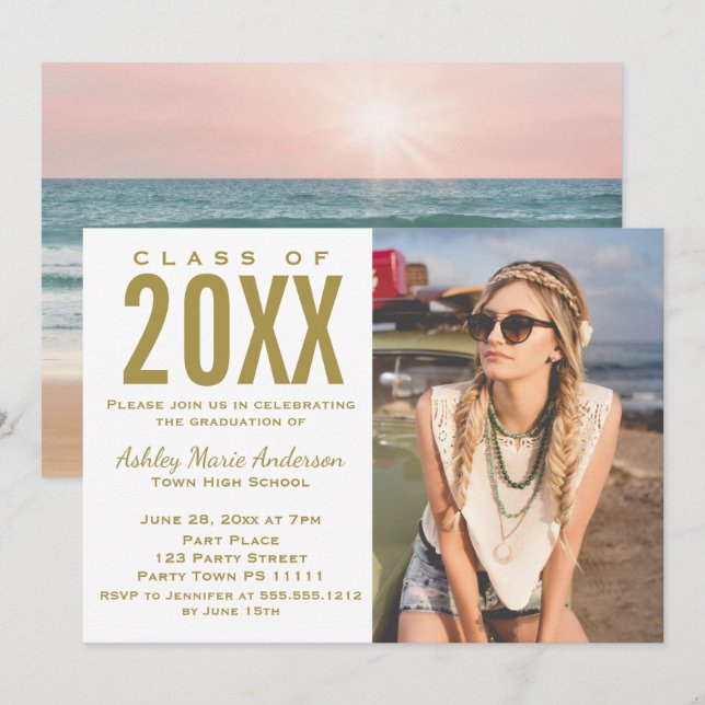 Beach Sunset Pink Gold Graduation Party mit Foto Einladung (Vorne/Hinten)
