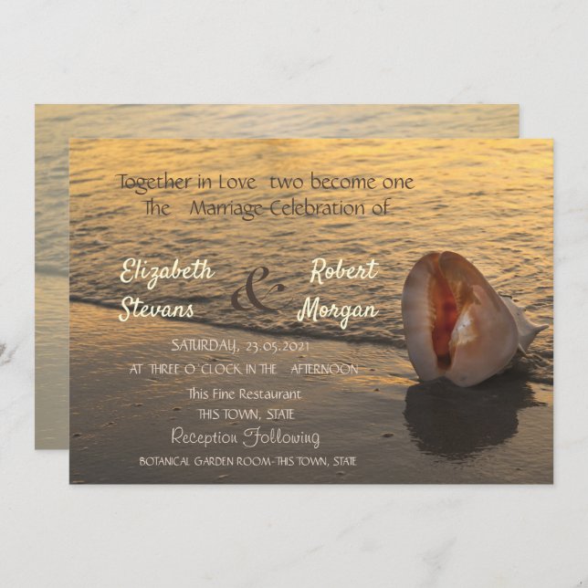 Beach Sunset Seashell Wedding Einladung (Vorne/Hinten)