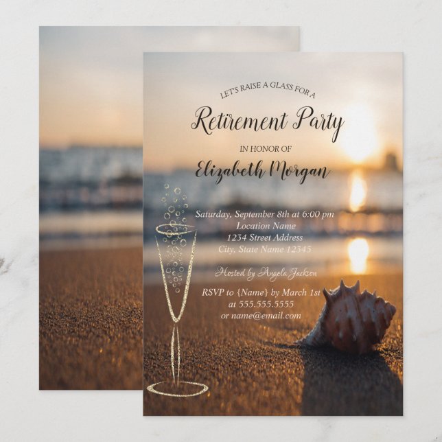 Beach Sunset Seashell Wine Glass Retirement Einladung (Vorne/Hinten)