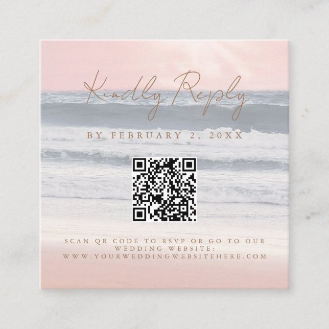 Beach Sunset Seaside Wedding Scan Code RSVP Begleitkarte (Vorderseite)