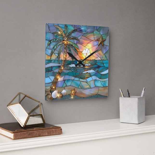Beach Sunset Stained Glass Wall Clock Quadratische Wanduhr (Büro)