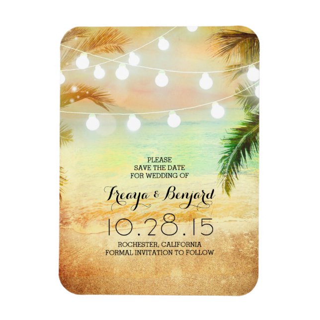 Beach Sunset String Lights Palms Save the Date Magnet (Vertikal)