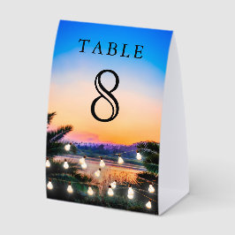Beach Sunset String Lights Wedding Table Number Tischaufsteller