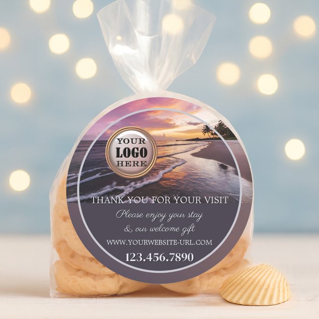 Beach Sunset Thank You Runder Aufkleber (Sticker featuring a tropical beach at sunset. With your custom logo (optional))