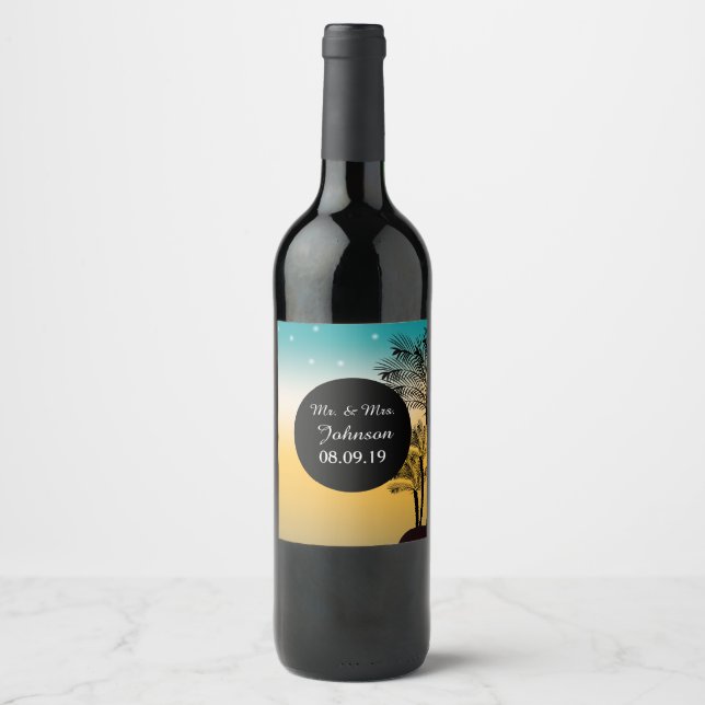 Beach Sunset Tropical Palm Tree Wedding Wine Label Weinetikett (Vorderseite)