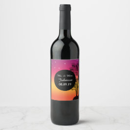 Beach Sunset Tropical Palm Tree Wedding Wine Label Weinetikett