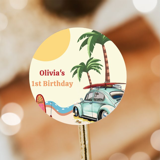 Beach Surfing Geburtstagsparty Runder Aufkleber (Von Creator hochgeladen)