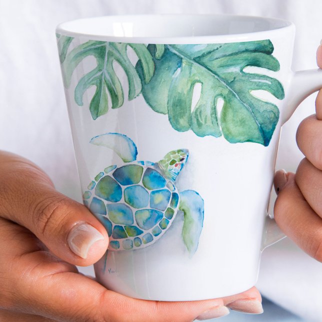 Beach Tasse Türkis Blue Watercolor Sea Turtle (latte mugs sea turtle beach coffee mug art by Victoria Grigaliunas)