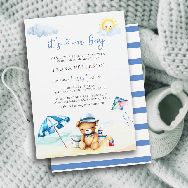 Beach Teddy Bear Sun Watercolor Boy Babydusche Einladung (teddy bear at beach boy baby shower invitation watercolor illustration cute adorable ocean sea lake )