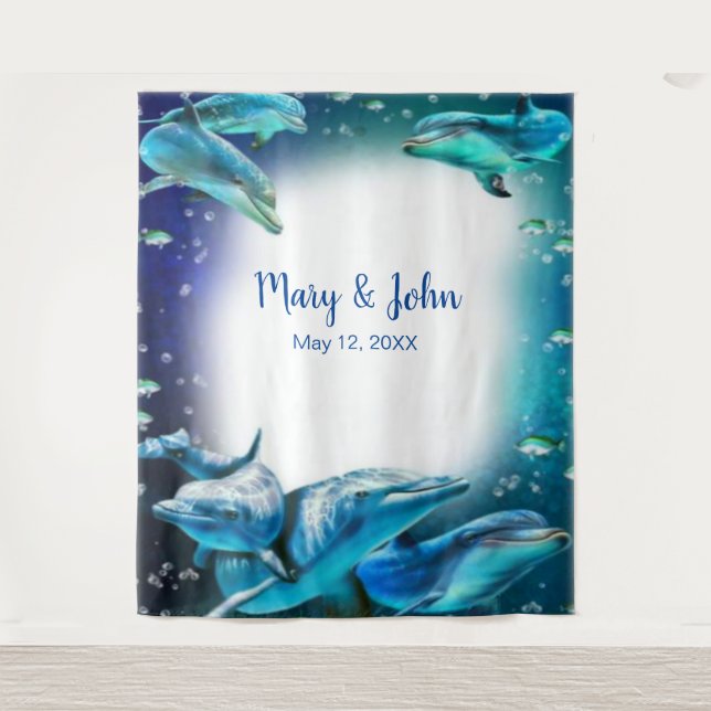 Beach Theme Dolphin Hochzeit Foto Hintergrund Wandteppich (Vorderseite)