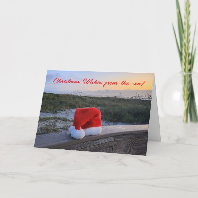 Beach Theme Ferienkarte mit Weihnachtsmannmütze Karte (Vorderseite)