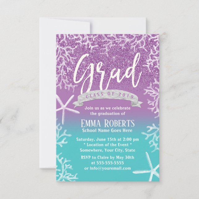 Beach Theme Lavender Aquamarin Ombre Graduation Pa Einladung (Vorderseite)