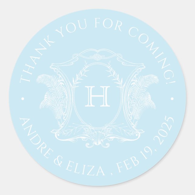 Beach Theme Light Blue Monogram Wedgetikett Runder Aufkleber (Vorderseite)