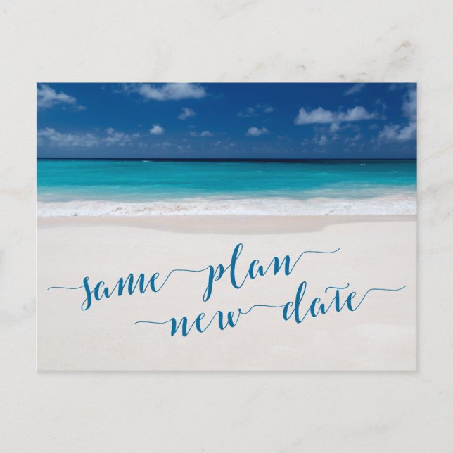 Beach Theme Save the Date gleichen Plan Neudatum Ankündigungspostkarte (Vorderseite)