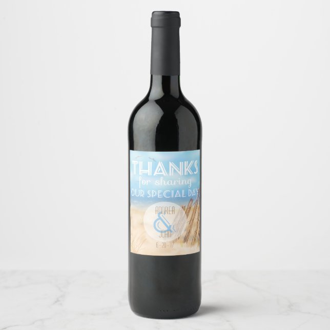 Beach Theme Vielen Dank Hochzeit Wein Labels Weinetikett (Vorderseite)