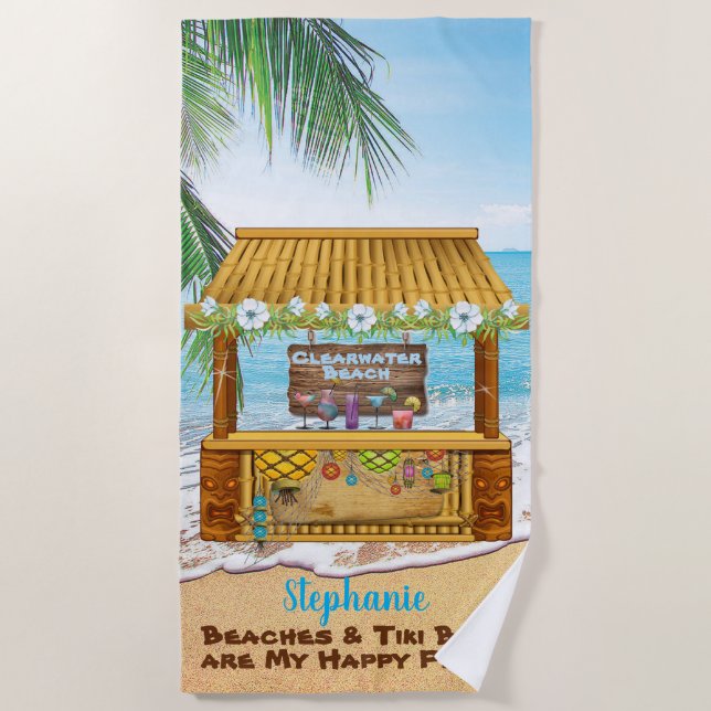 Beach Tiki Bar Blue Tropical Landschaftsmalerei Strandtuch (Vorderseite)