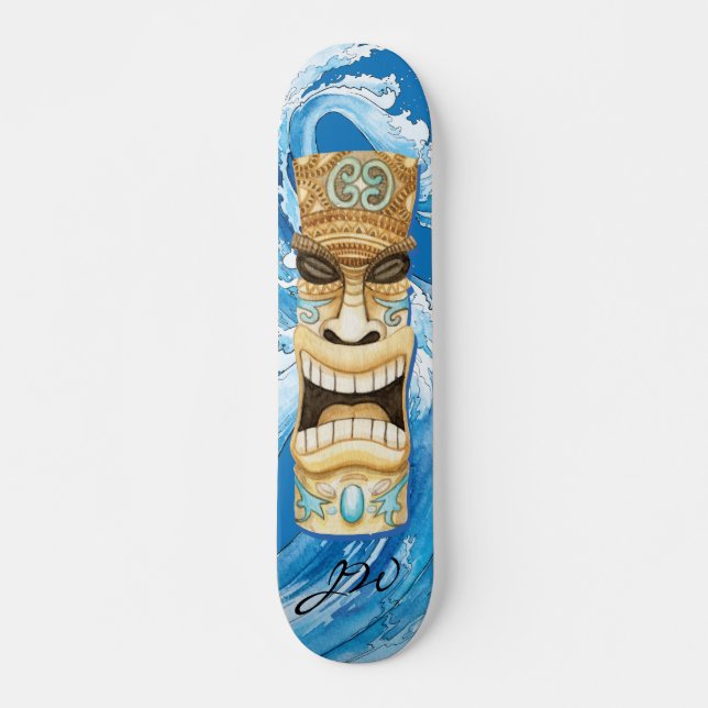 Beach Tiki Wave Blue Monogram Skateboard (Vorne)
