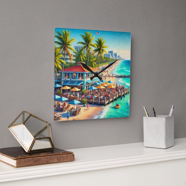 Beach Time Beach Café Wall Clock Quadratische Wanduhr (Büro)