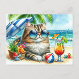 Beach Time Cat und Cocktails Postkarte