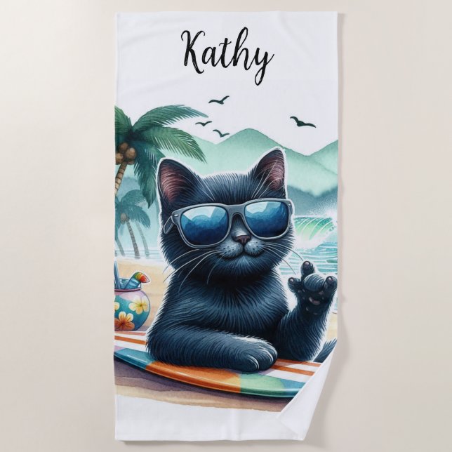 Beach Time Cool Black Cat Personalisiert Strandtuch (Vorderseite)