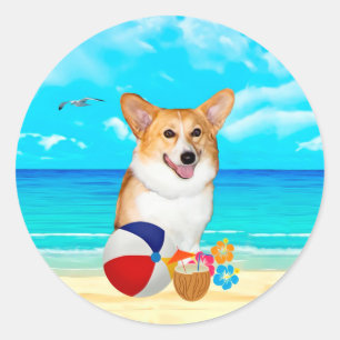 Beach Time Corgi Runder Aufkleber