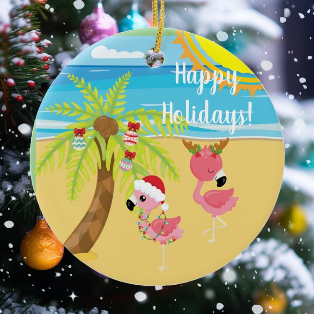 Beach Tropical Flamingo Weihnachtsfeiertag Keramik Ornament (Von Creator hochgeladen)