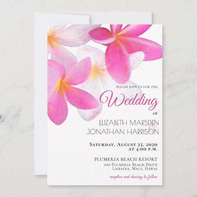 Beach Tropical Hawaii Floral Pink Wedding Einladung (Vorderseite)