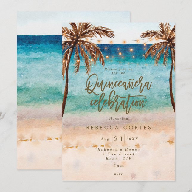 Beach Tropical Quinceanera 15. Geburtstag Einladung (Vorne/Hinten)