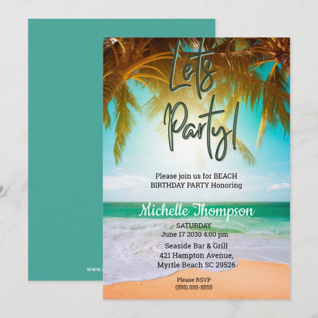 Beach Tropical Scene Party Geburtstagsfeier Einladung (Vorne/Hinten)