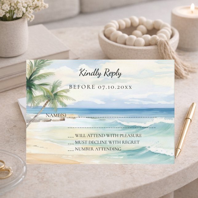Beach tropical watercolor wedding response RSVP Mitteilungskarte (Von Creator hochgeladen)