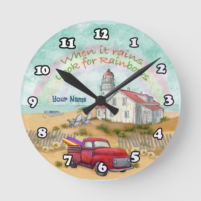 Beach Truck Lighthouse Runde Wanduhr (Vorderseite)