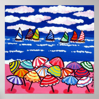 Beach Umbrells Sailboats Spaß Kunst Poster