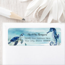 Beach Undersea Turtle Seepferd Wasserfarbe in Blau