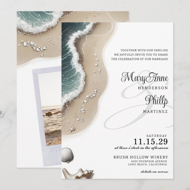 Beach Vibe mit Foto Hochzeit Einladung (Vorne/Hinten)