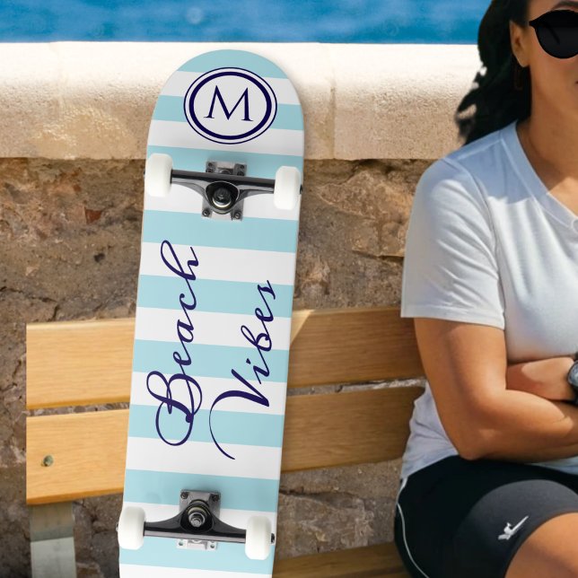 Beach Vibes Blue White Strip Cool Monogram Skateboard (A monogrammed skateboard with nautical blue and white stripes and 'Beach Vibes' in a script font)