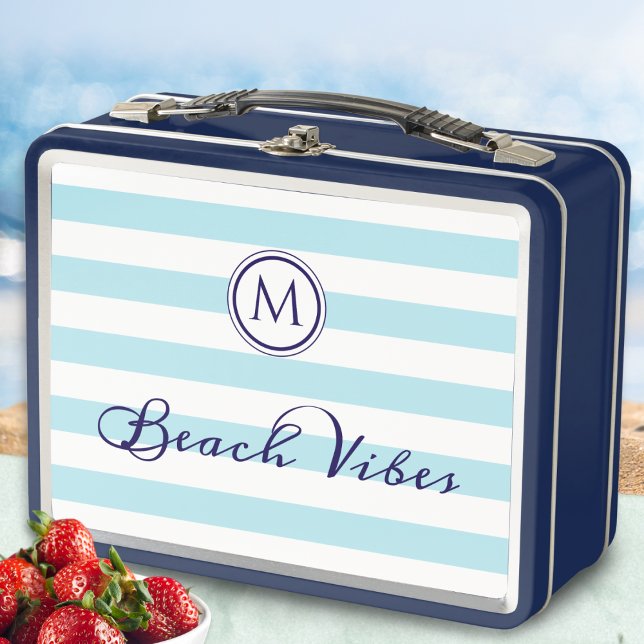 Beach Vibes Cool Blue White Stripes Monogramm Metall Brotdose (A blue and white striped lunch box, with 'Beach Vibes' in stylish script and monogram initial)