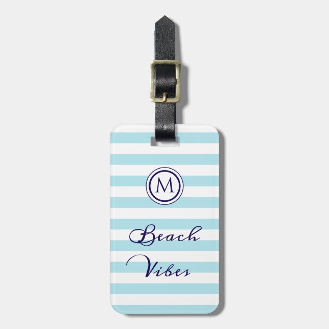Beach Vibes Nautical Stripe Blue White Monogram Gepäckanhänger (Vorderseite vertikal)