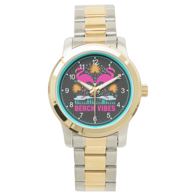Beach Vibes Pink Flamingos-19501 Armbanduhr (Vorderseite)