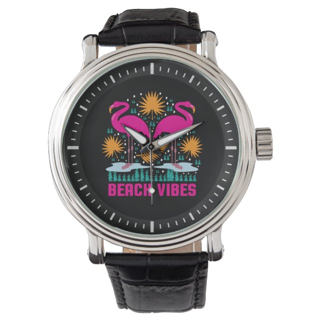 Beach Vibes Pink Flamingos-19501 Armbanduhr (Vorderseite)