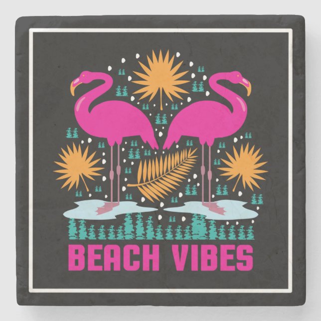 Beach Vibes Pink Flamingos-19501 Steinuntersetzer (Vorderseite)