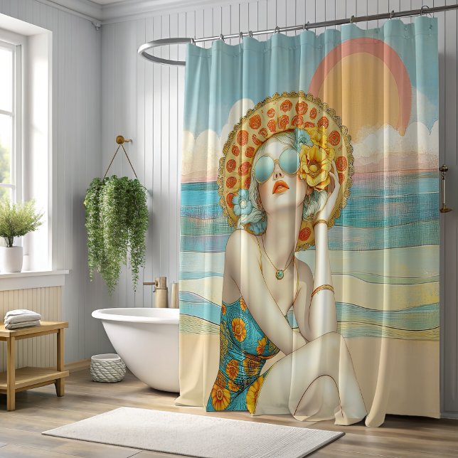Beach Vibes Summer Glamour Girl in Sonnenbrille Duschvorhang (Glamorous beach vibes for your bathroom decor.)