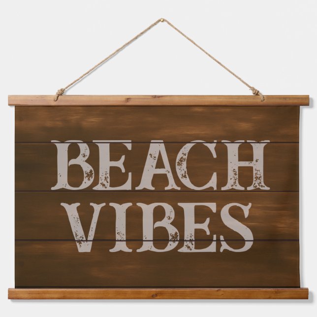 Beach Vibes Wording auf dunklen Holzkarten Wandteppich Mit Holzrahmen (Vorne)